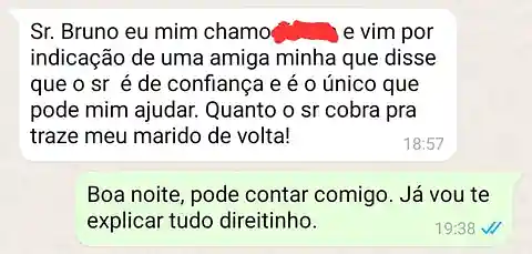 Cliente procura Bruno de Osiris no WhatsApp por indicação para trazer o marido de volta