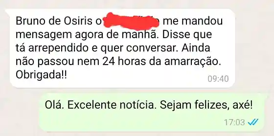 Cliente conta no WhatsApp que a pessoa mandou mensagem arrependida antes de 24 horas da amarração